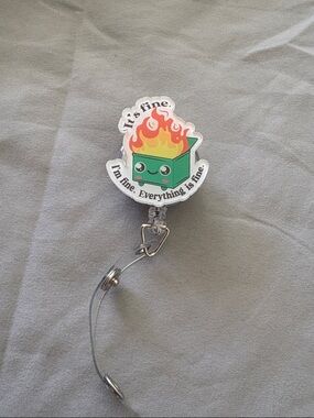 Cute 'It's Fine' Fire Box Badge Reel - Green & Orange